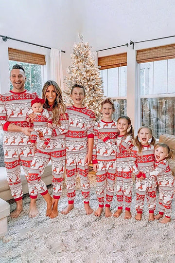 ZAPAKA Christmas Red Snowflake and Deer Pattern Christmas Pajama Set Round Neck Long Sleeves Fmaily Matching Pajama Set
